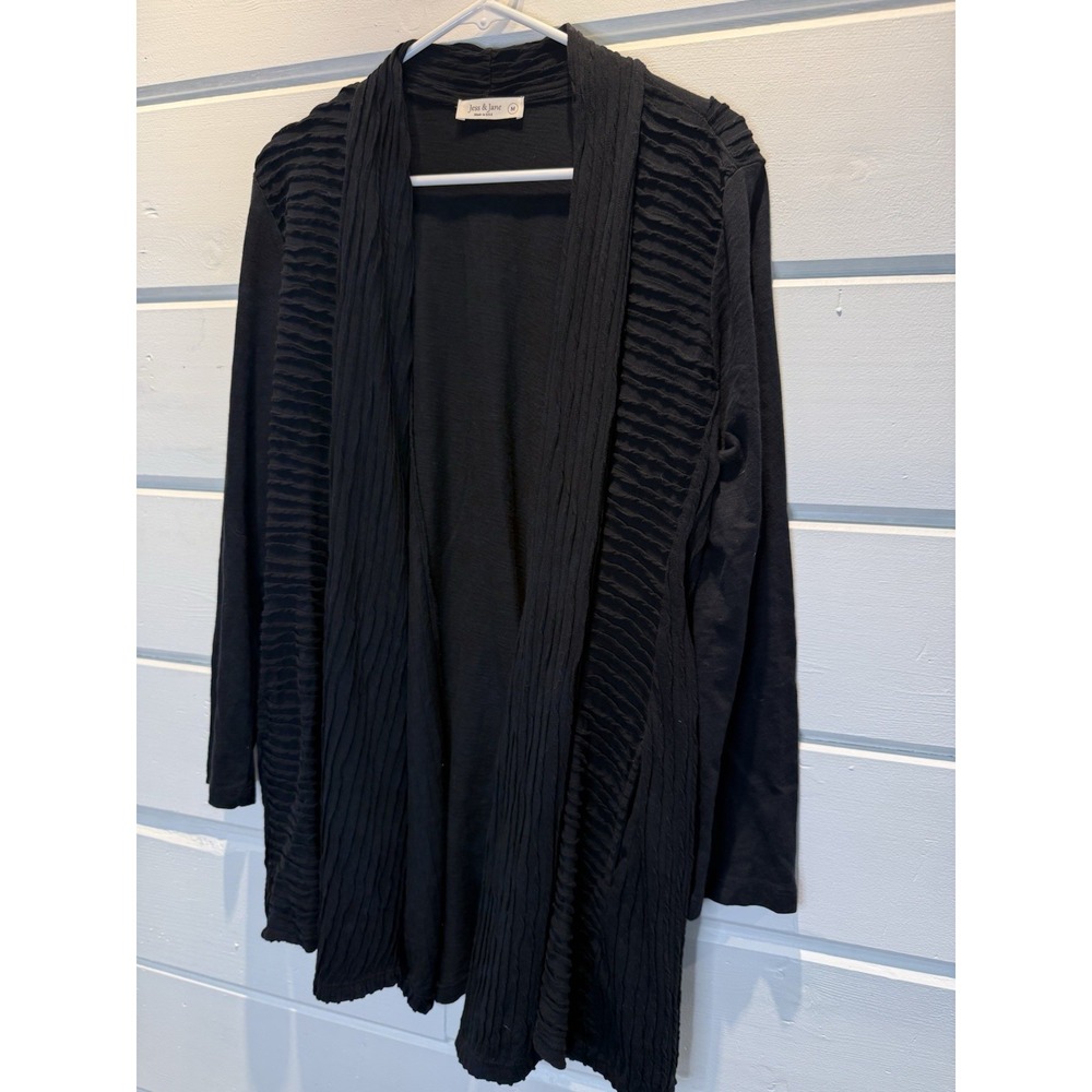 Jess & Jane Open Cardigan Women M Black Pleated Knit, Textured, 100% Cotton